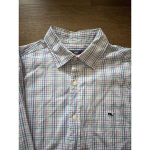 Vineyard Vines Shirt Mens Medium Blue Pink Plaid Classic Fit Tucker Cotton Whale